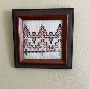 Hand Crafted Red and Black Geometric Cross Stitch Wall Art